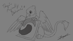 Size: 1234x707 | Tagged: safe, artist:xeirla, oc, oc only, oc:der, species:griffon, biting, dialogue, english, grayscale, holding, male, micro, monochrome, pod, sitting, sketch, smiley, solo, tide, tide pods