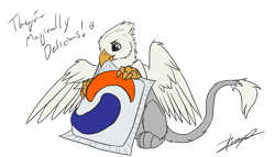 Size: 1234x707 | Tagged: safe, artist:tinibirb, artist:xeirla, edit, oc, oc only, oc:der, species:griffon, biting, color edit, colored, dialogue, english, haters gonna hate, holding, imminent darwin award, male, meme, micro, pod, sitting, sketch, solo, this will end in death, this will end in pain, this will end in poisoning, tide, tide pods, too dumb to live