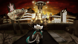 Size: 5759x3299 | Tagged: safe, artist:xeirla, oc, oc only, oc:blue, species:bird, species:griffon, fallout equestria, avian, city, cityscape, commission, digital art, digital illustration, fallout, fallout: new vegas, gun, lights, post-apocalypse, post-apocalyptic, rifle, sniper rifle, weapon, wings