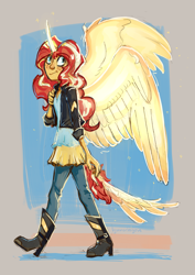 Size: 2480x3508 | Tagged: safe, artist:cuttledreams, character:sunset shimmer, species:alicorn, species:pony, my little pony:equestria girls, alicornified, clothing, female, jacket, pants, shimmercorn, shirt, solo, wings