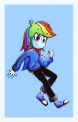 Size: 2012x3156 | Tagged: safe, artist:mustachedbain, character:rainbow dash, my little pony:equestria girls, clothing, coat, converse, female, multicolored hair, pants, scarf, shoes, smiling, sneakers, solo