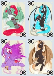 Size: 744x1038 | Tagged: safe, artist:bluekite-falls, artist:sky-railroad, oc, oc:lux arcana, oc:magic meat, oc:midnight delight, oc:shooting star (skygunner), species:alicorn, species:bat pony, species:pegasus, species:pony, alicorn oc, card game, colored wings, game, gradient hooves, gradient wings, jewelry, long mane, ponified, prance card game