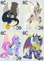 Size: 744x1038 | Tagged: safe, artist:bluekite-falls, artist:sky-railroad, oc, oc only, oc:astrall, oc:bubblegun, oc:cotton tale, oc:nightlight, species:bat pony, species:dragon, species:earth pony, species:pegasus, species:pony, armor, card game, clothing, colored wings, cowboy hat, ethereal mane, galaxy mane, gradient wings, hat, horseshoes, lantern, long mane, long tail, looking at you, looking away, prance card game, sparkles, vest