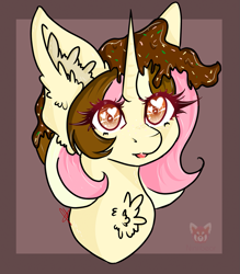 Size: 1121x1280 | Tagged: safe, artist:niniibear, species:pony, species:unicorn, brown, bust, chest fluff, chocolate, cute, fluffy, food, heart, heart eyes, pink, portrait, smiling, solo, sweet, wingding eyes