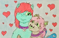 Size: 3826x2458 | Tagged: safe, artist:jamestkelley, oc, oc only, oc:oculus, oc:peppermint, species:changeling, species:earth pony, species:pony, changeling oc, green changeling, hug, love, married couple, pink hair, traditional art, white changeling