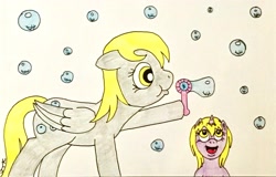 Size: 3643x2334 | Tagged: safe, artist:jamestkelley, character:derpy hooves, character:dinky hooves, bubble, equestria's best mother, female, happy, mother and daughter, traditional art
