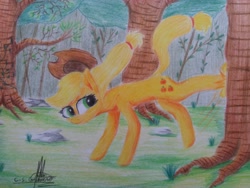Size: 4128x3096 | Tagged: safe, artist:ironbeastz, character:applejack, species:earth pony, species:pony, applebucking, clothing, cowboy hat, female, hat, high res, mare, scenery, signature, solo, stetson, traditional art, tree