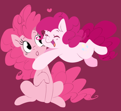 Size: 2190x2000 | Tagged: safe, artist:breezietype, artist:hattsy, character:pinkie pie, species:earth pony, species:pony, :o, duo, eyes closed, glomp, heart, open mouth, pink background, ponidox, self ponidox, simple background, sitting, smiling