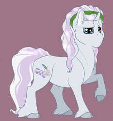 Size: 1580x1694 | Tagged: safe, artist:ganashiashaka, oc, oc only, oc:msarble chord, parent:chipcutter, parent:sweetie belle, parents:chipbelle, species:pony, species:unicorn, colt, male, offspring, raised hoof, simple background, solo