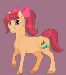 Size: 1680x1906 | Tagged: safe, artist:ganashiashaka, oc, oc only, oc:terra taps, parent:apple bloom, parent:tender taps, parents:tenderbloom, species:earth pony, species:pony, bow, female, filly, hair bow, offspring, simple background, solo