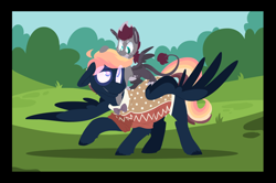 Size: 1600x1065 | Tagged: safe, artist:torusthescribe, oc, oc only, oc:dwight fiction, oc:ridley, parent:gabby, parent:quibble pants, parent:rainbow dash, parent:scootaloo, parents:gabbyloo, parents:quibbledash, species:hippogriff, species:pegasus, species:pony, interspecies offspring, magical lesbian spawn, male, offspring, stallion