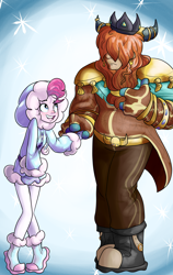 Size: 3150x5000 | Tagged: safe, artist:heyerika, character:pinkie pie, character:prince rutherford, species:human, my little pony:equestria girls, absurd resolution, clothing, duo, equestria girls-ified, holding hands, hoodie, parka, size difference, smiling, snow, sweater, winter outfit