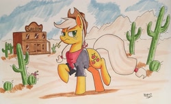 Size: 3300x2000 | Tagged: safe, artist:hypno, character:applejack, species:earth pony, species:pony, bandana, cactus, clothing, cowboy hat, desert, female, hat, mare, marker drawing, raised hoof, saguaro cactus, saloon, straw in mouth, traditional art, western