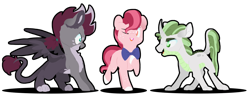 Size: 1600x623 | Tagged: safe, artist:torusthescribe, oc, oc only, oc:clay, oc:ridley, oc:robin, parent:apple bloom, parent:diamond tiara, parent:gabby, parent:scootaloo, parent:spike, parent:sweetie belle, parents:diamondbloom, parents:gabbyloo, parents:spikebelle, species:dracony, species:earth pony, species:hippogriff, species:pony, bow tie, hybrid, interspecies offspring, magical lesbian spawn, male, offspring, simple background, transparent background
