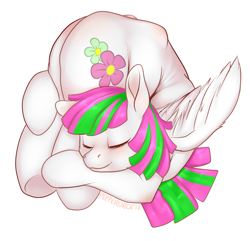 Size: 1848x1779 | Tagged: safe, artist:pepperoach, character:blossomforth, species:pegasus, species:pony, g4, adoraforth, backbend, contortionist, cuddling, cute, eyes closed, female, flexible, mare, signature, simple background, snuggling, solo, that pony sure is flexible, white background, wings