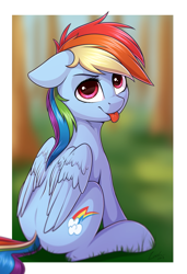 Size: 1211x1766 | Tagged: safe, artist:deltauraart, character:rainbow dash, species:pegasus, species:pony, blep, cute, dashabetes, female, floppy ears, folded wings, grass, head turn, looking at you, looking back, looking up, mare, mlem, silly, sitting, smiling, solo, tongue out, wings