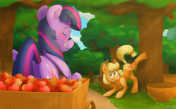 Size: 3839x2359 | Tagged: safe, artist:luximus17, character:applejack, character:twilight sparkle, character:twilight sparkle (alicorn), species:alicorn, species:earth pony, species:pony, ship:twijack, apple, apple tree, applebucking, blushing, clothing, cowboy hat, crepuscular rays, eyes closed, female, food, grass, hat, kicking, lesbian, mare, shipping, stetson, tree