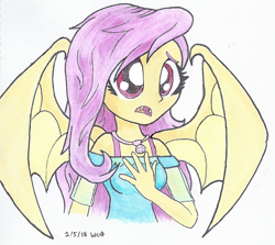 Size: 730x650 | Tagged: safe, artist:astevenamedwolf, character:flutterbat, character:fluttershy, my little pony:equestria girls, bat wings, bust, clothing, dress, embarrassed, fangs, female, geode of fauna, hand on chest, jewelry, necklace, open mouth, portrait, race swap, red eyes, simple background, solo, spread wings, traditional art, white background, wings