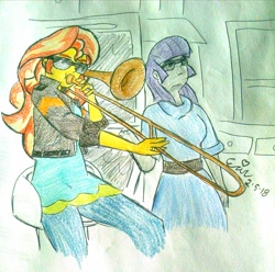 Size: 2432x2411 | Tagged: safe, artist:erynerikard, derpibooru original, character:maud pie, character:sunset shimmer, my little pony:equestria girls, colored pencil drawing, duo, female, sunglasses, traditional art, trombone, vine video, when mama isn't home
