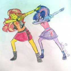 Size: 2432x2432 | Tagged: safe, artist:erynerikard, derpibooru original, character:sunset shimmer, character:twilight sparkle, character:twilight sparkle (scitwi), species:eqg human, my little pony:equestria girls, dab, duo, eyes closed, traditional art