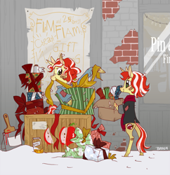 Size: 1327x1370 | Tagged: safe, artist:goatsocks, character:flam, character:flim, apple, bandage, big eyes, bits, booth, bow, box, brick, brick wall, cardboard box, cheap, christmas, city, clothing, cute, dawwww, dirty, duct tape, duo, flim flam brothers, food, footprint, gift box, gift wrapped, hearth's warming, heartwarming, holding, holiday, homeless, homemade, jacket, jar, looking at each other, mouth hold, paint, paint can, paintbrush, patch, patchwork, poor, present, ribbon, sale, scarf, selling, semi-anthro, sign, smiling, snow, standing, sweater, tape, urban, vendor, vendor stall, winter, younger