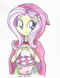 Size: 560x730 | Tagged: safe, artist:astevenamedwolf, character:fluttershy, my little pony:equestria girls, basket, clothing, cute, female, holding, little red riding hood, looking away, looking sideways, shyabetes, simple background, solo, traditional art, white background