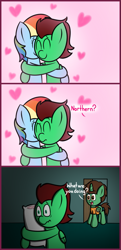 Size: 595x1225 | Tagged: safe, artist:techreel, character:rainbow dash, oc, oc:frost d. tart, oc:northern haste, species:alicorn, species:pony, alicorn oc, canon x oc, caught, commission, forever alone, heart, holiday, hug, imagination, northash, pillow, valentine's day, ych result