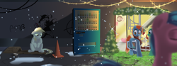Size: 2400x889 | Tagged: dead source, safe, artist:paulrus-keaton, artist:php69, artist:serverchan, character:derpy hooves, box, christmas, holiday, homeless, sad, snow, song reference, television, underp