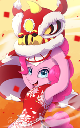 Size: 1200x1920 | Tagged: safe, artist:laptop-pone, character:pinkie pie, species:earth pony, species:pony, armpits, cheongsam, chinese new year, clothing, cute, diapinkes, female, lion dance, looking at you, mare, smiling, solo