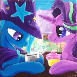 Size: 1901x1909 | Tagged: safe, artist:colorsceempainting, character:starlight glimmer, character:trixie, species:pony, species:unicorn, acrylic painting, canvas, cape, clothing, coffee, cup, cupcake, drink, duo, female, food, hat, looking down, mare, painting, sitting, traditional art, trixie's cape, trixie's hat