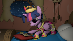Size: 1920x1080 | Tagged: safe, artist:dazzion, artist:oc1024, character:twilight sparkle, character:twilight sparkle (alicorn), species:alicorn, species:pony, 3d, bed, big crown thingy, book, clothing, coronation dress, crown, dress, female, golden oaks library, jewelry, regalia, shoes, solo, source filmmaker, source flimmaker