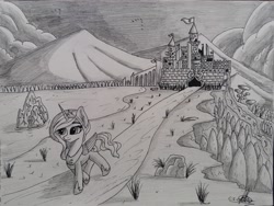Size: 4128x3096 | Tagged: safe, artist:ironbeastz, character:princess luna, species:alicorn, species:pony, castle, female, filly, grayscale, high res, mare, monochrome, pencil drawing, solo, traditional art, woona, younger
