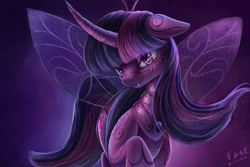 Size: 2400x1600 | Tagged: safe, artist:foughtdragon01, character:twilight sparkle, species:changeling, body markings, changelingified, curved horn, female, horn, insect wings, looking at you, markings, signature, solo, species swap, wings