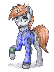 Size: 885x1191 | Tagged: safe, artist:deltauraart, oc, oc:littlepip, species:pony, species:unicorn, fallout equestria, clothing, female, mare, pipbuck, raised hoof, shirt, simple background, solo, traditional art, vault suit, white background