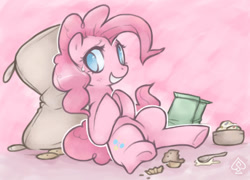 Size: 694x501 | Tagged: safe, artist:soulspade, character:pinkie pie, species:earth pony, species:pony, female, flour sack, food, grin, mare, no pupils, on back, smiling, solo, spoon, sweets