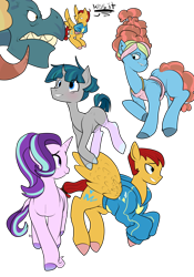 Size: 3500x5000 | Tagged: safe, artist:heyerika, character:dragon lord torch, character:flash magnus, character:meadowbrook, character:starlight glimmer, character:stygian, species:earth pony, species:pegasus, species:pony, species:unicorn, angry, clothing, leonine tail, modern fashion, simple background, socks, taunting, transparent background, unshorn fetlocks