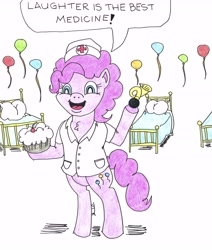 Size: 6736x7943 | Tagged: safe, artist:jamestkelley, character:pinkie pie, absurd resolution, balloon, female, food, happy, horn, nurse outfit, pie, solo