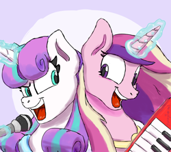 Size: 1800x1600 | Tagged: safe, artist:jimmyjamno1, character:princess cadance, character:princess flurry heart, species:alicorn, species:pony, duo, female, glowing horn, magic, microphone, mother and daughter, older, older flurry heart, singing, telekinesis