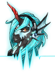 Size: 1024x1365 | Tagged: safe, artist:bluekite-falls, artist:sky-railroad, oc, oc only, oc:lux arcana, species:dragon, glowing eyes, glowing horn, glowing outline, headphones, icon, jewelry, male, markings, necklace, simple background, solo, species swap, transparent background, watermark