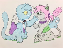 Size: 3716x2856 | Tagged: safe, artist:jamestkelley, oc, oc only, oc:oculus, oc:ruby, species:changeling, species:diamond dog, blind, changeling oc, diamond dog oc, green changeling, meeting, new friendship, pink hair, sitting, story included, traditional art, white changeling
