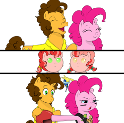 Size: 600x597 | Tagged: safe, artist:gamblingfoxinahat, character:boneless, character:cheese sandwich, character:pinkie pie, oc, oc:topsy, oc:turvy, parent:cheese sandwich, parent:pinkie pie, parents:cheesepie, species:pony, ship:cheesepie, baby, baby pony, bedtime, boneless 2, comic, female, happy, helmet, male, offspring, shipping, simple background, straight, white background