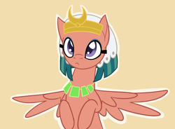 Size: 1812x1332 | Tagged: safe, artist:camo-pony, derpibooru original, character:somnambula, species:pegasus, species:pony, g4, :<, bust, female, glowpaz, headdress, mare, simple background, solo, spread wings, white outline, wings, yellow background