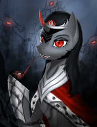 Size: 2552x3323 | Tagged: safe, artist:dezdark, character:king sombra, species:pony, species:unicorn, femboy, handsome, hoof hold, male, pipe, red eyes, shadow, slit eyes, smiling, solo, stallion, stupid sexy sombra