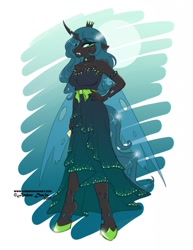 Size: 989x1280 | Tagged: safe, artist:sonicsweeti, character:queen chrysalis, species:anthro, species:unguligrade anthro, clothing, dress, full moon, gala dress, hand on hip, moon, simple background, stupid sexy chrysalis, white background