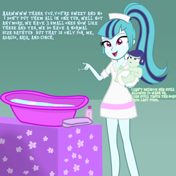 Size: 1280x1280 | Tagged: safe, artist:gamerpen, character:blueberry cake, character:sonata dusk, my little pony:equestria girls, age regression, angry, baby, bath, blueberry cake, diaper, nurse, nurse outfit, poofy diaper, tumblr