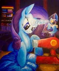 Size: 1024x1243 | Tagged: safe, artist:colorsceempainting, character:rarity, character:spike, ship:sparity, episode:the best night ever, episode:the show stoppers, g4, my little pony: friendship is magic, carousel boutique, female, male, night, shipping, solo focus, straight, traditional art, watermark, working, workshop