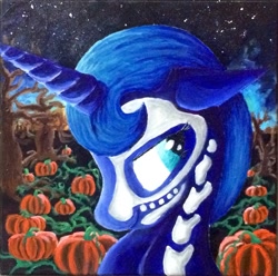 Size: 1267x1259 | Tagged: safe, artist:colorsceempainting, character:princess luna, episode:luna eclipsed, g4, my little pony: friendship is magic, clothing, costume, cute, female, giveaway, glow in the dark, halloween, halloween costume, holiday, night, paint, painting, pumpkin, skeleton costume, smiling, solo, traditional art, tree, watermark