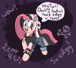 Size: 1265x1139 | Tagged: safe, artist:jimmyjamno1, character:pinkamena diane pie, character:pinkie pie, species:earth pony, species:pony, alternate hairstyle, cute, dialogue, ear piercing, edgy, emo, female, funny, implied twilight sparkle, jewelry, mare, necklace, open mouth, piercing, punkamena, punkie pie, skull, smiling, spiked wristband, wow, wristband