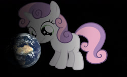 Size: 1584x954 | Tagged: safe, artist:missbeigepony, edit, character:sweetie belle, species:pony, species:unicorn, collage, earth, female, filly, giga giant, macro, mega sweetie belle, pony bigger than a planet, smiling, solo