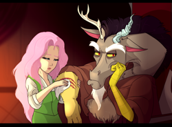 Size: 946x695 | Tagged: safe, artist:gamblingfoxinahat, character:discord, character:fluttershy, species:draconequus, species:human, ship:discoshy, beauty and the beast, caring, clothing, facial hair, female, goatee, humanized, injured, looking away, male, rag, shipping, straight